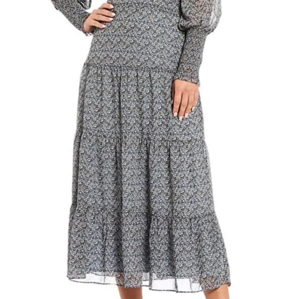 Lucy Paris Tiered Midi Skirt Ruffles Blue Floral Lined NWT